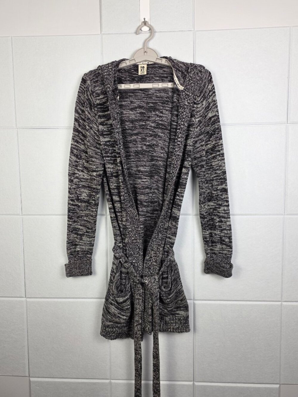 Roxy Hooded Open Front, Tie Waist Cardigan Sweater XL Black White Marled - Picture 4 of 8